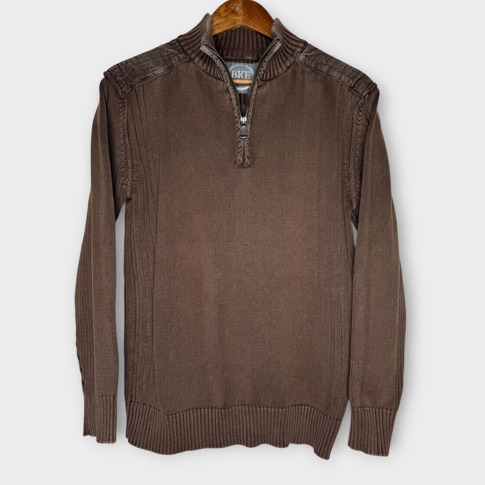 BKE Buckle Brown Quarter Zip Sweater Athletic Fit Ribbed Stonewash Size Large
